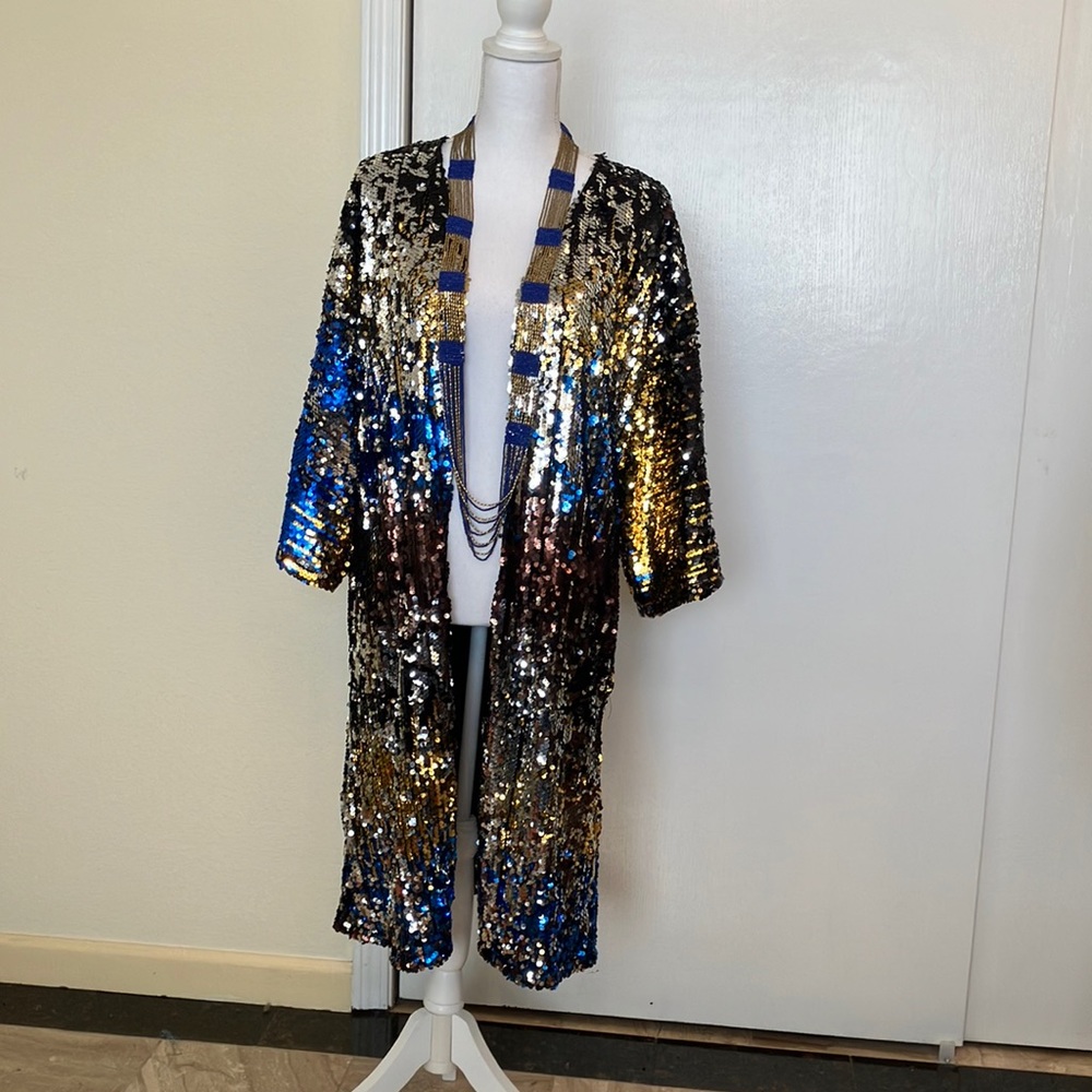 💙💛Jolie Paris Gold/Blue/Brown/Silver Sequined Prom Duster Sz M